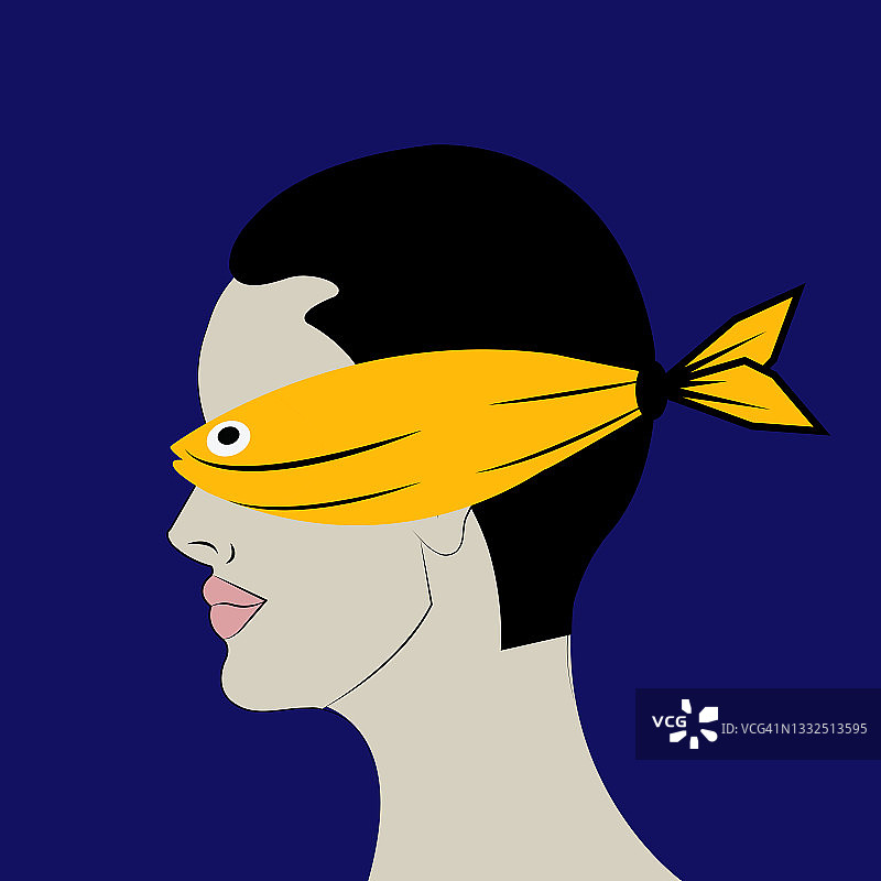 蓝色背景上的蒙眼男子与鱼插画图片素材