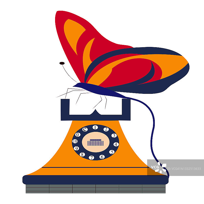 蝴蝶组成的复古电话插画，隔离在白色上图片素材