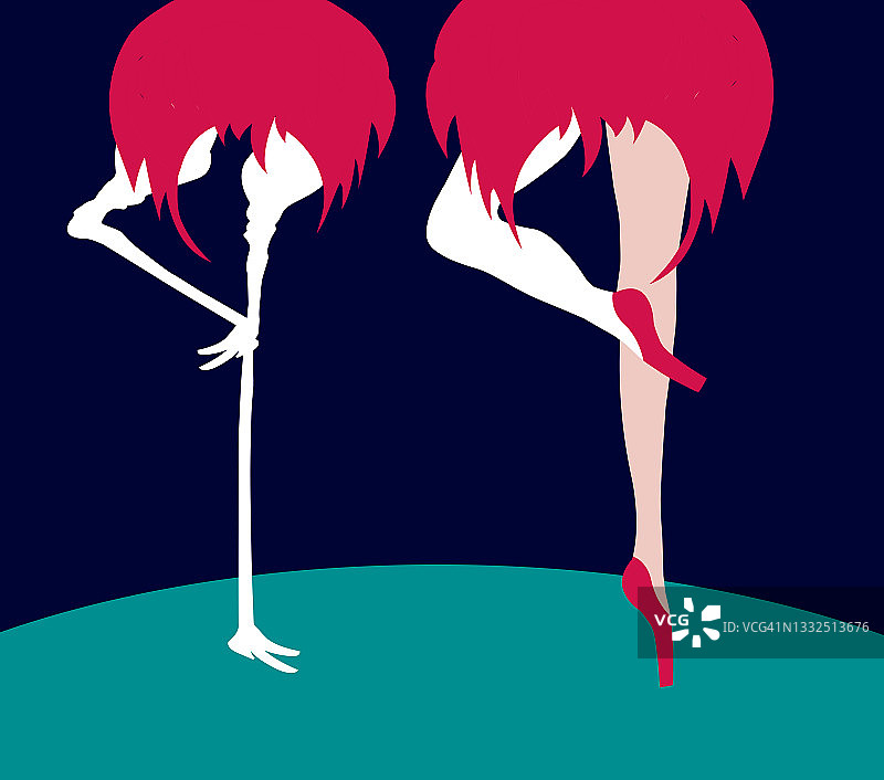 芭蕾舞者和鸵鸟脚部姿势相同的插画，蓝色背景图片素材