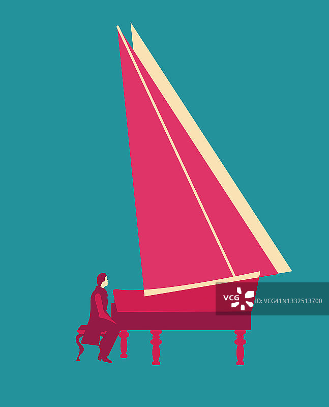 在船型钢琴上演奏的钢琴家插画，蓝色背景图片素材