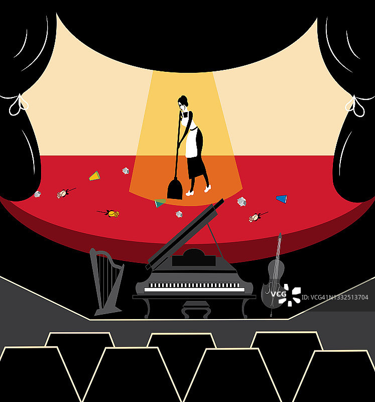 一个女保洁员在打扫空荡荡的舞台，感到孤独的插图图片素材