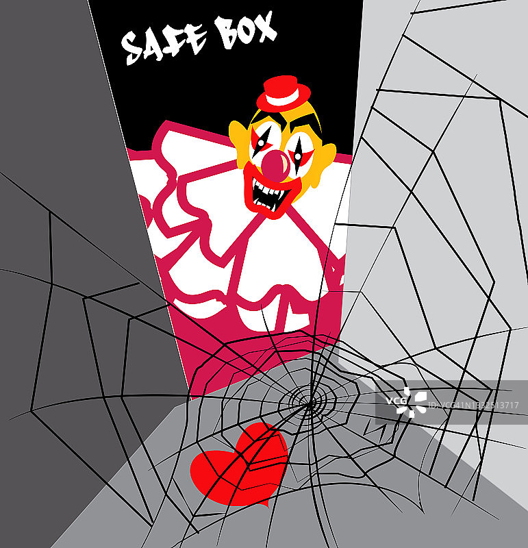 小丑在保险箱里寻找他遗忘的、被蜘蛛网覆盖的心的插画图片素材