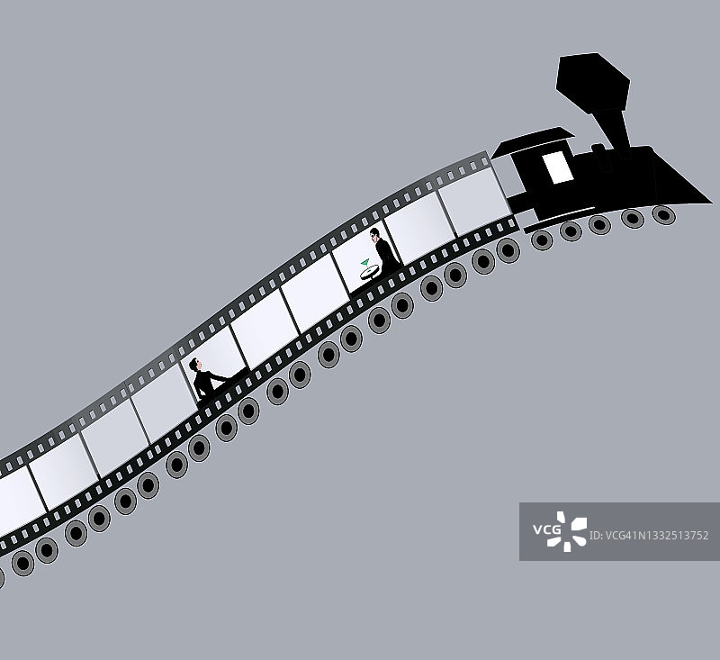 情侣在火车上的插画，看起来像电影胶片，描绘他们的生活和旅程，灰色背景图片素材