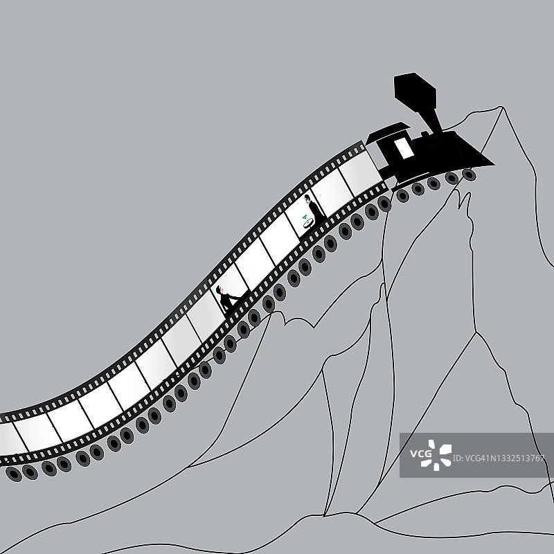 情侣在火车上的插画，看起来像电影胶片，描绘他们的生活和旅程，灰色背景图片素材