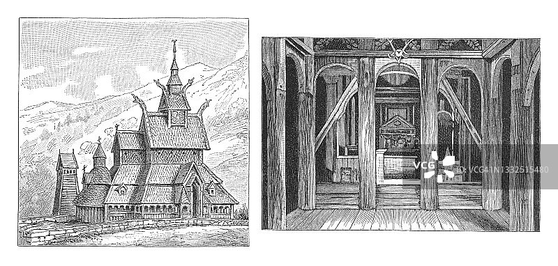 挪威博尔贡木板教堂北欧文化古版画插图图片素材