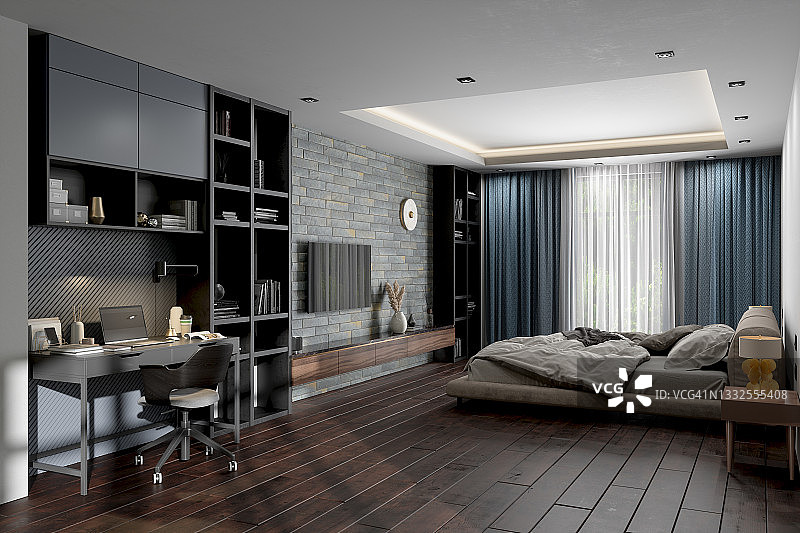 现代卧室或酒店套房内景，配有凌乱的床、电视、书桌和笔记本电脑图片素材