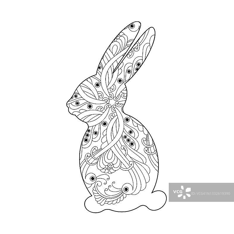 成人涂色书：可爱兔子，复活节野兔剪影，艺术疗法图片素材