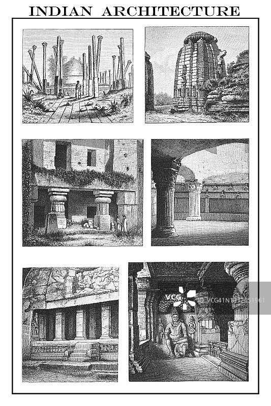 老式雕刻插图：印度建筑图片素材
