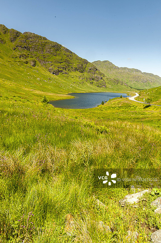 英国苏格兰科瓦尔:Rest And Be Thankful观景点看到的洛赫雷斯蒂尔湖、本安洛凯恩山和A83公路的景色图片素材