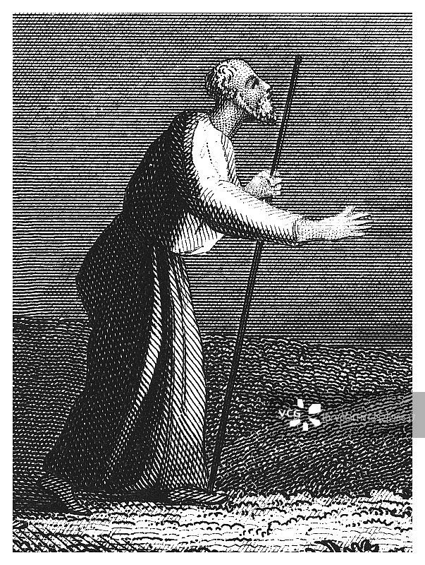 拄着拐杖行走的老年男人雕刻插图图片素材