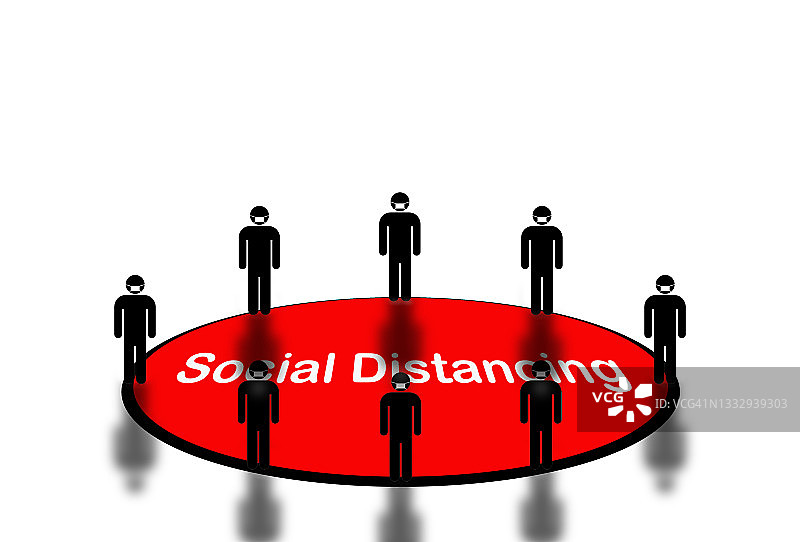 人们站在红色“保持社交距离”字样周围的插画图片素材