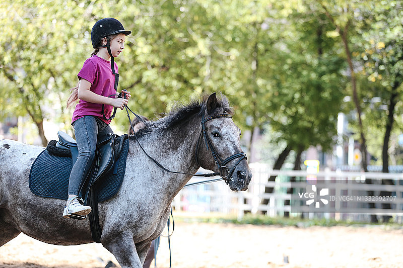 戴着头盔骑着灰色骏马的美丽少女图片素材