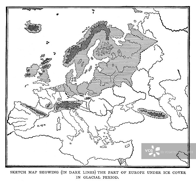 冰河时期欧洲冰盖部分（深色线条）示意图老式雕刻插图图片素材
