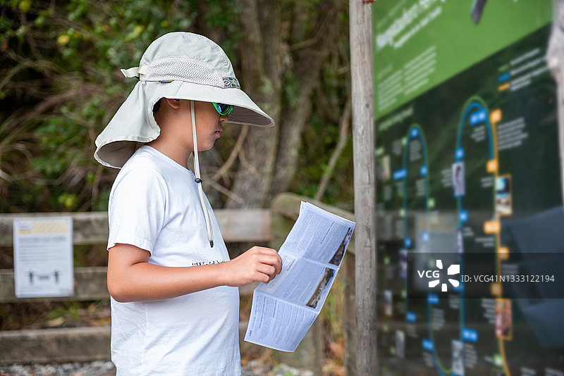 青少年男孩正在查看徒步旅行地图图片素材