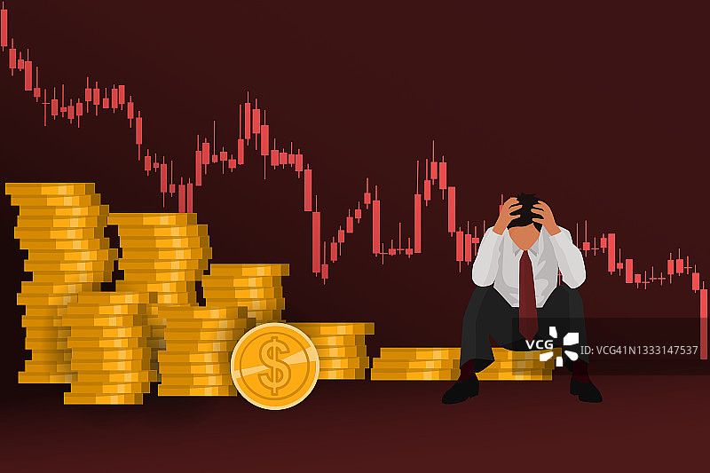 财务插画概念：商人坐在金币堆上，因财务图表下降趋势而感到压力图片素材