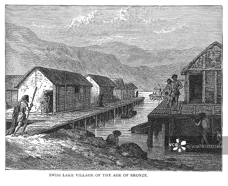 青铜时代的瑞士湖居村落版画图片素材