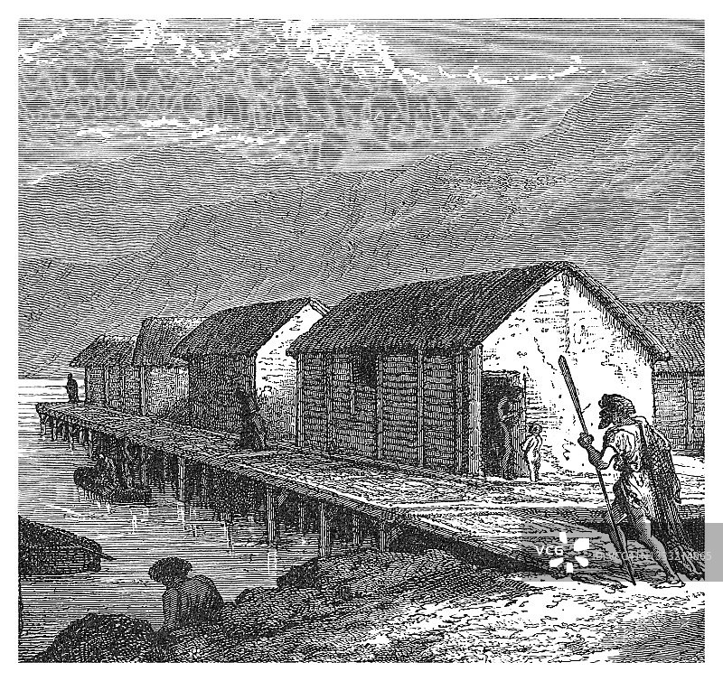 青铜时代的瑞士湖居村落版画图片素材