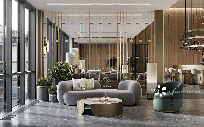 带有沙发和扶手的酒店等候休息室3D渲染图片素材