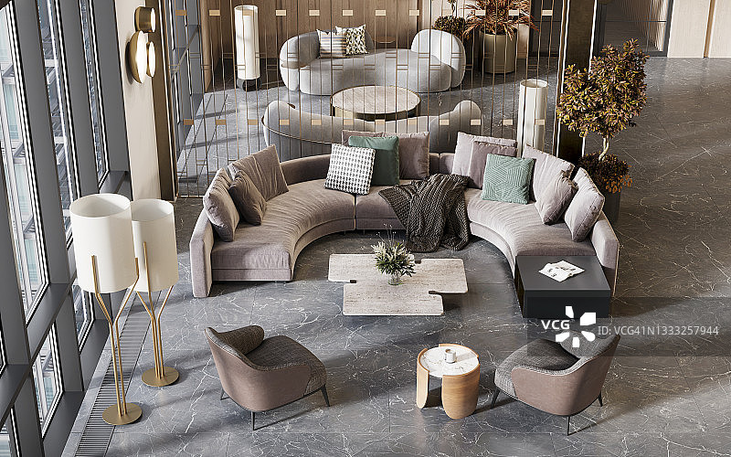 3D豪华酒店大堂高角度视图图片素材