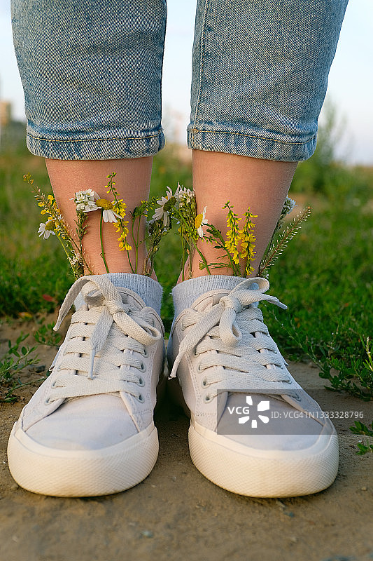 运动鞋里盛开着美丽的野花图片素材