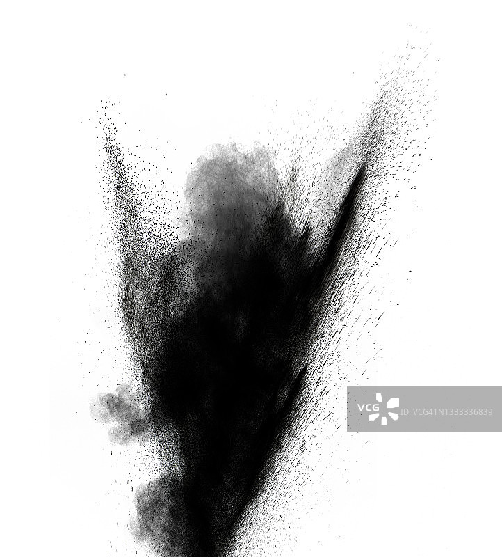白色背景上的黑色粉尘和烟雾颗粒爆炸图片素材