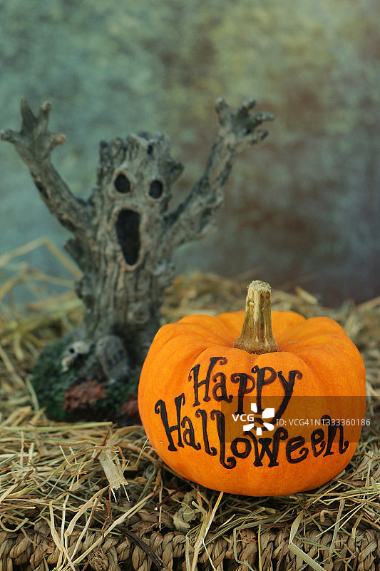 万圣节快乐南瓜和塑料食尸鬼摆件图片素材