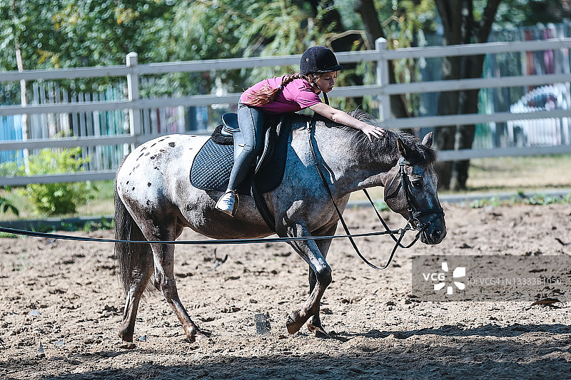 戴着头盔骑着灰色骏马的美丽少女图片素材