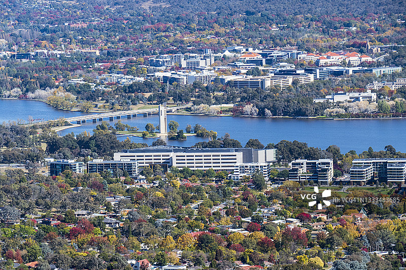 澳大利亚首都领地堪培拉城市景观与伯利格里芬湖图片素材