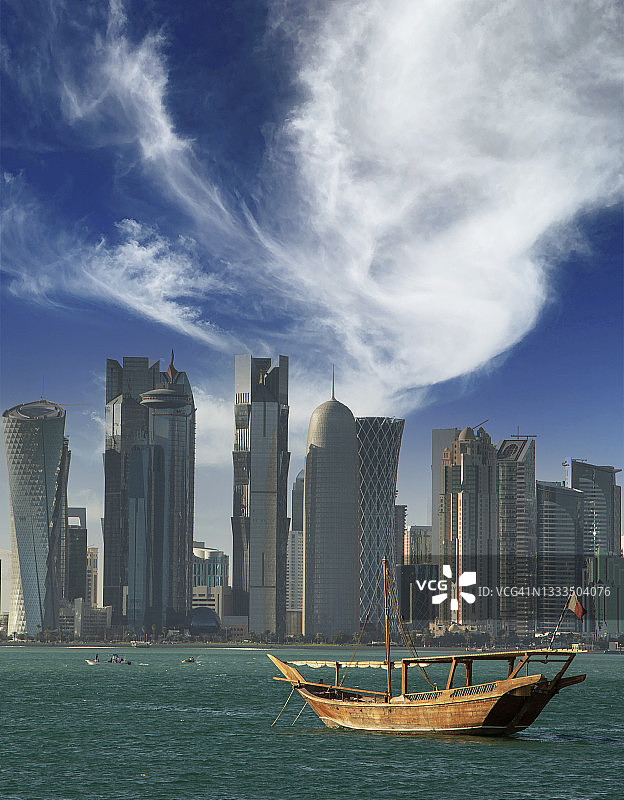 未来主义摩天大楼与阿拉伯传统船只图片素材