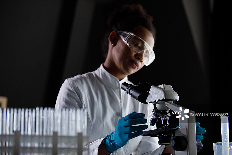 实验室技术人员在显微镜下分析样本图片素材
