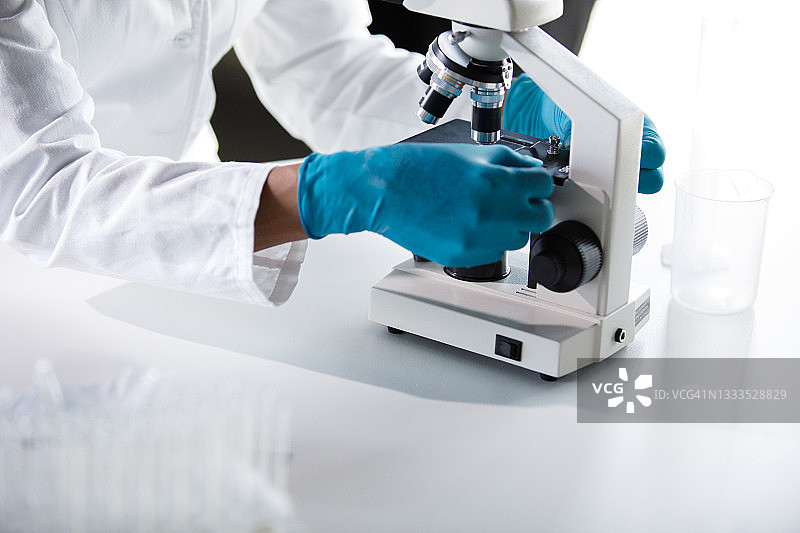 在显微镜下观察病毒样本切片图片素材