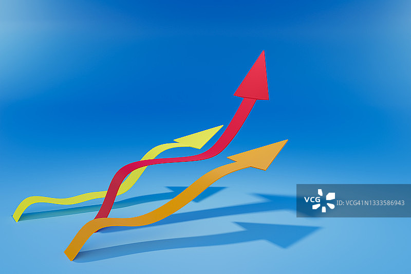 简约箭头图表。彩色波浪线形成阴影。红色箭头击败其他箭头图片素材