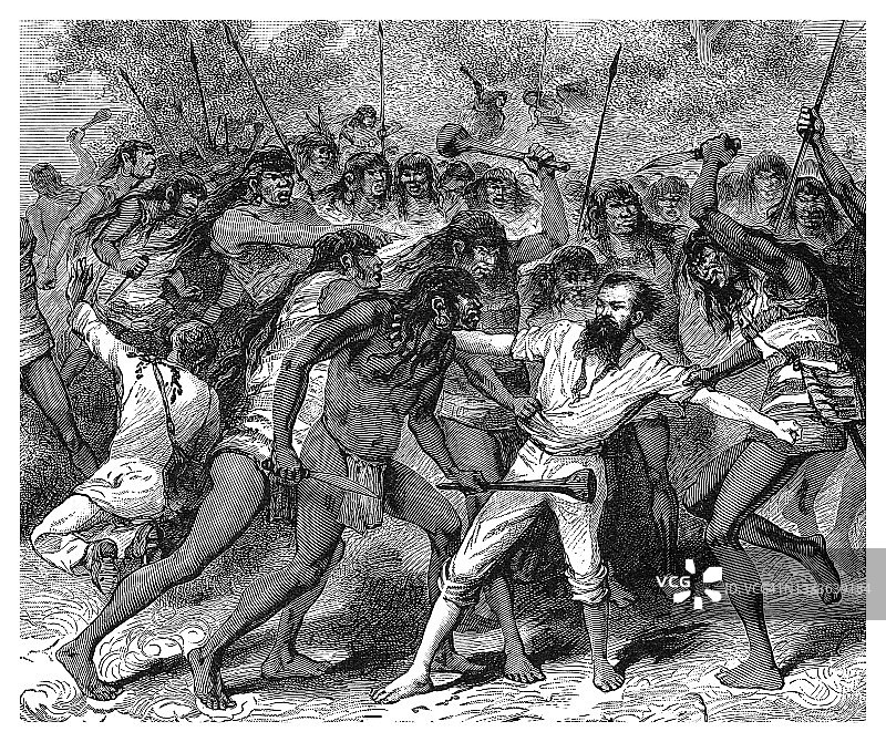 描绘野蛮行为的古老雕刻插图——南美洲风俗——克雷沃克斯探险队的灭绝图片素材