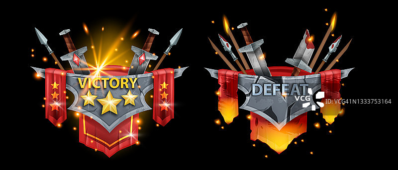 胜利失败游戏徽章套件：矢量等级奖励成就图片素材