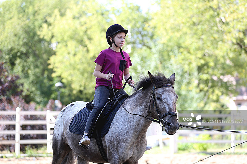 戴着头盔骑着灰色骏马的美丽少女图片素材