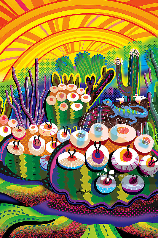 沙漠苔藓花园与蓝壁虎插画图片素材