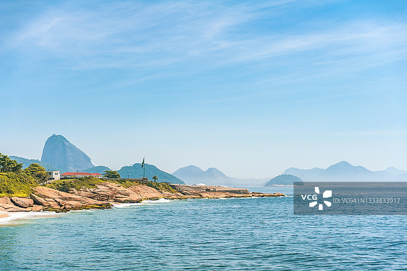 瓜纳巴拉湾入口处的科帕卡巴纳堡垒，背景是面包山图片素材