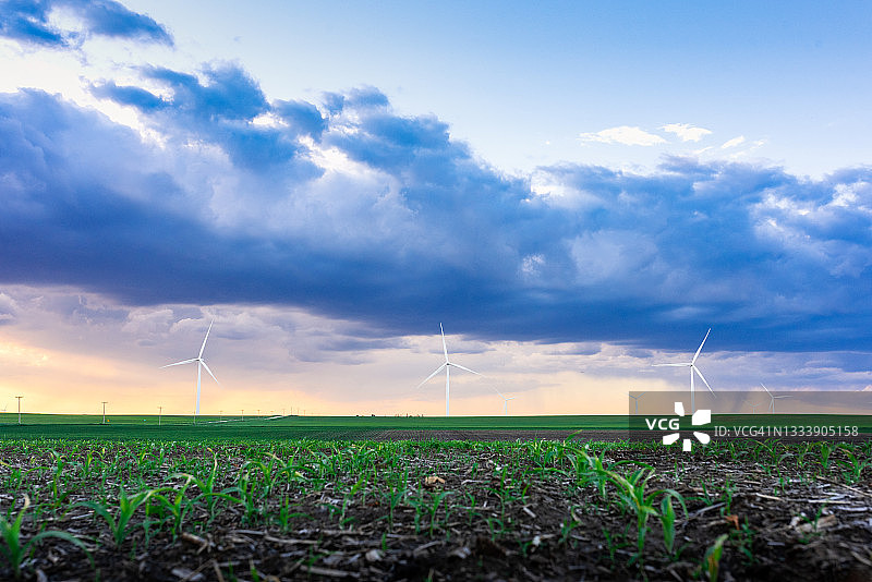 爱荷华州乡村风力发电场和日落云彩图片素材