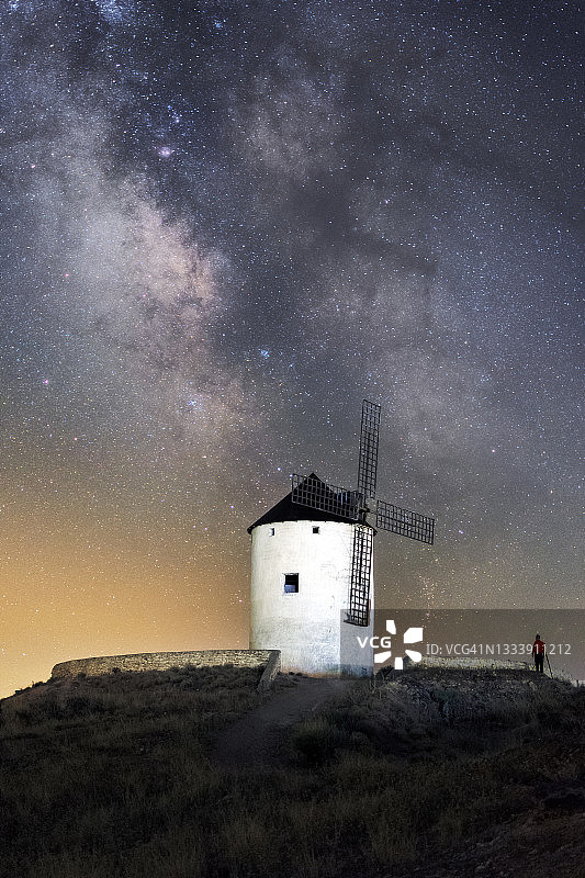 星空下古老风车与银河图片素材