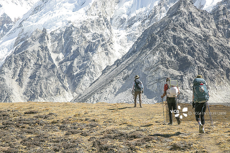 徒步者团队在喜马拉雅山脉的高山草甸中徒步旅行图片素材
