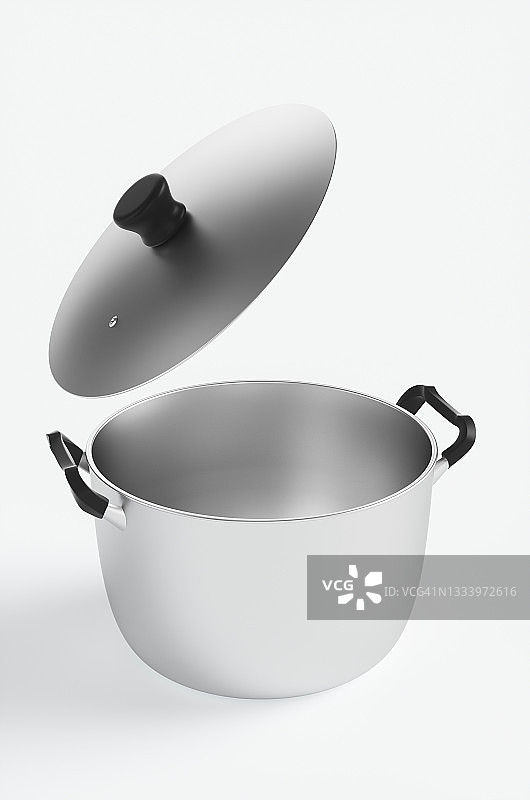 白色背景上带金属盖的空金属炖锅特写，CGI插图图片素材