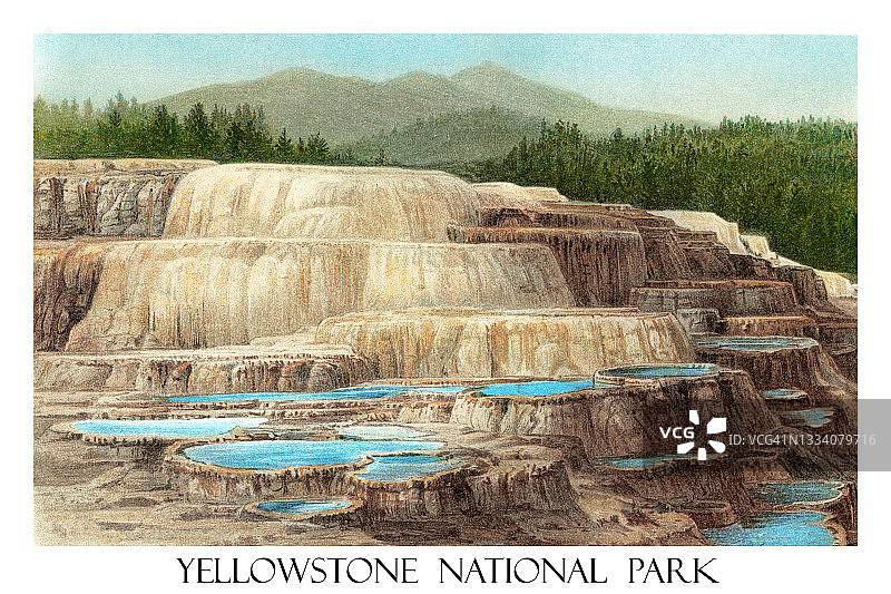 黄石国家公园大棱镜泉的古董插图：间歇泉图片素材
