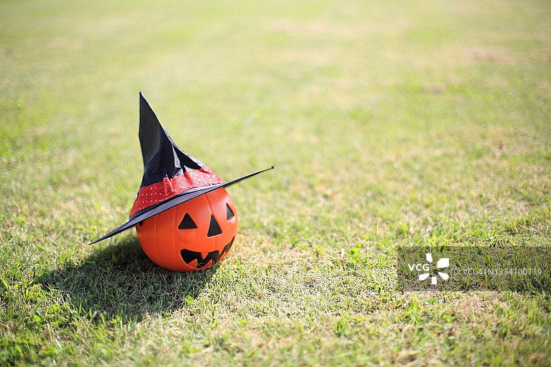 草地上的杰克灯与巫师帽图片素材