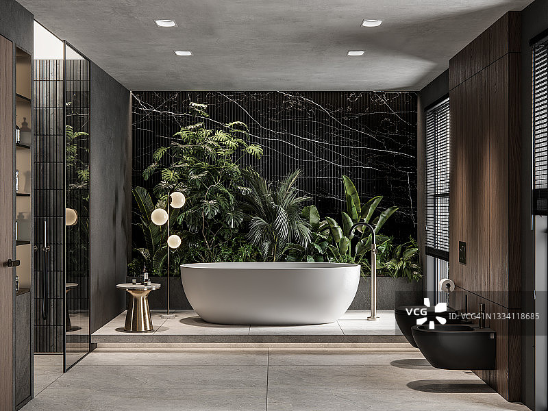 3D渲染的带室内植物的浴室内部计算机生成图像图片素材
