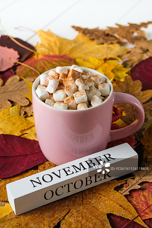 秋季落叶背景上的“十月和十一月”字样，旁边是一杯热咖啡图片素材