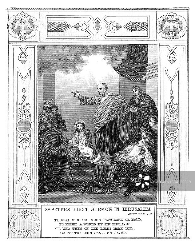 圣彼得在耶路撒冷第一次布道的古老雕刻插图图片素材
