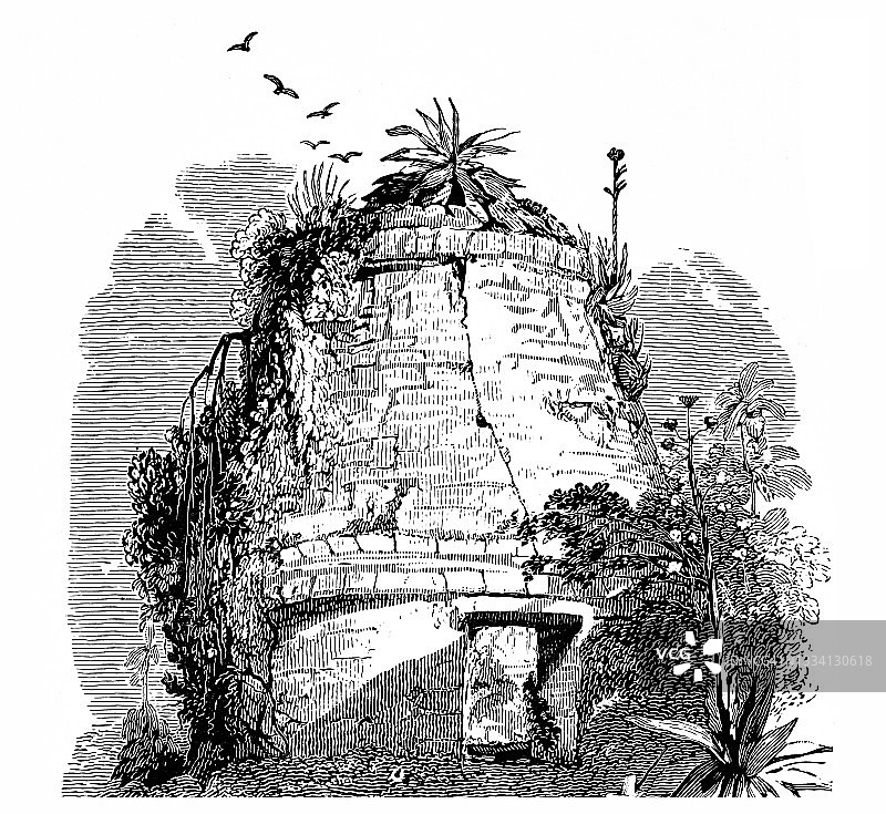 古老雕刻插图：中美洲文物，圆形神庙 - 尤卡坦半岛玛雅潘圆形建筑物图片素材