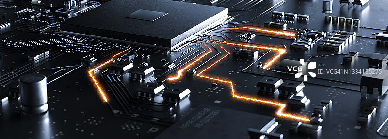 金色3D渲染的现代电子电路板特写图片素材