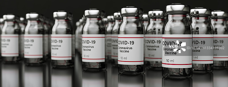 成排的新冠疫苗瓶3D渲染图片素材