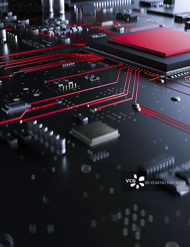 现代电路板与红色概念病毒信息3D渲染图片素材